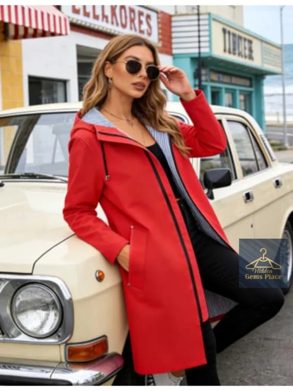 Women's Waterproof Long Raincoat PU Windbreaker Hooded Jacket
